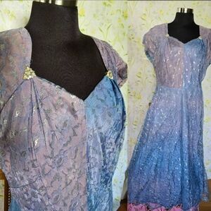 Silk and Metallic Lace Discolored A Line Dress. 1950 1940s vintage